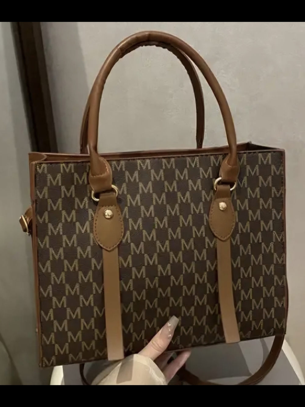 Monogram M Brown Tote Bag with Tan Trim